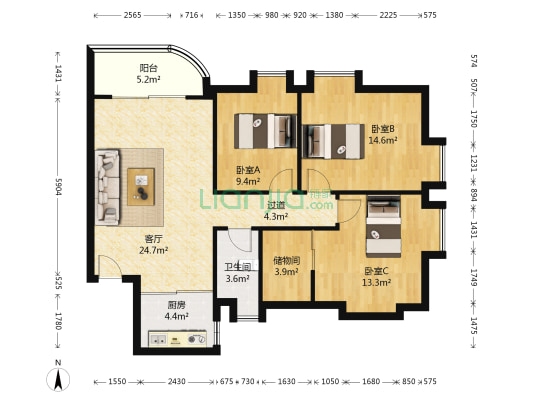 龙景花园 3室1厅1卫 95平方