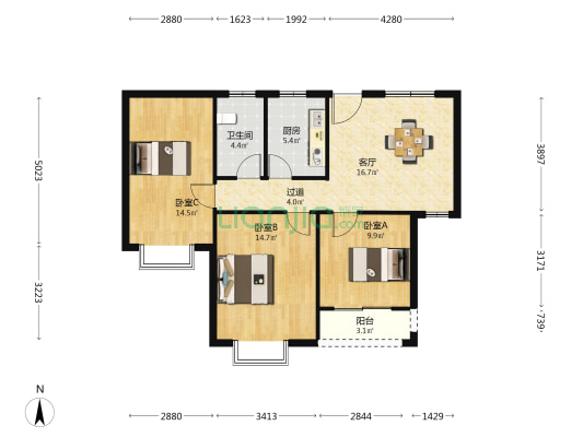上城国际风荷苑二期 3室1厅1卫 103平方