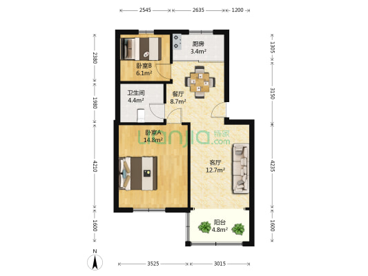 天明花苑B区 2室2厅1卫 70平方