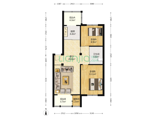 明颂华庭 2室1厅1卫 87平方