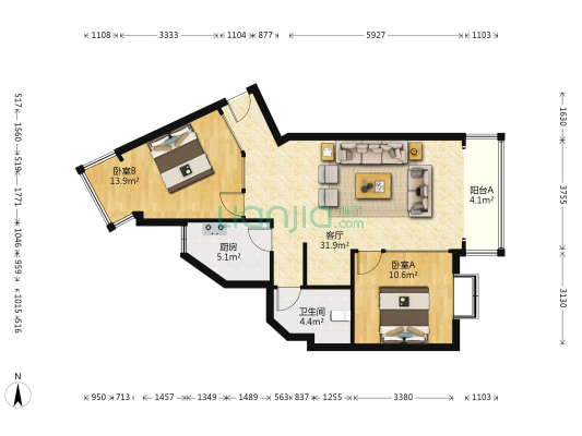 西城小筑 2室1厅1卫 82平方