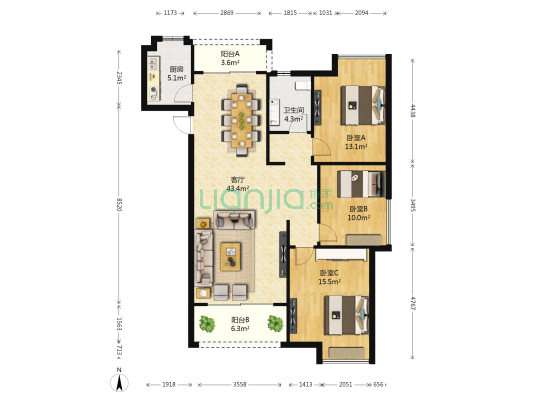 新琚花园E2区 3室1厅1卫 120平方