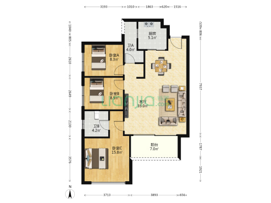 万科天府公园城 3室1厅2卫 108平方