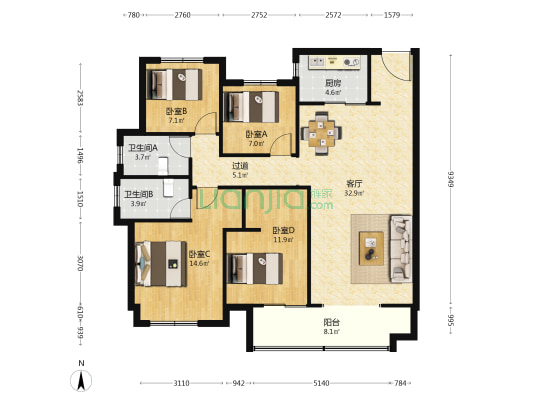 金辉·信步兰庭 4室1厅2卫 128平方