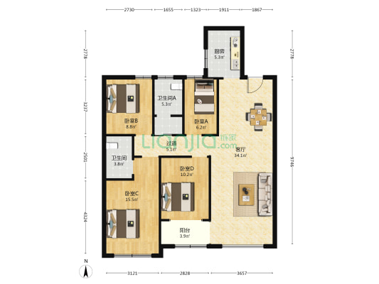学府春天百合园 4室1厅2卫 129平方
