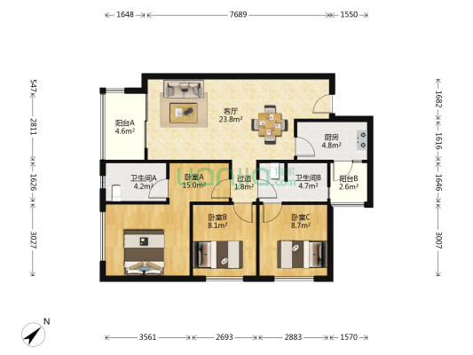 万科城臻园 3室1厅2卫 90平方