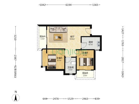 坡博家园四区 2室1厅1卫 65平方