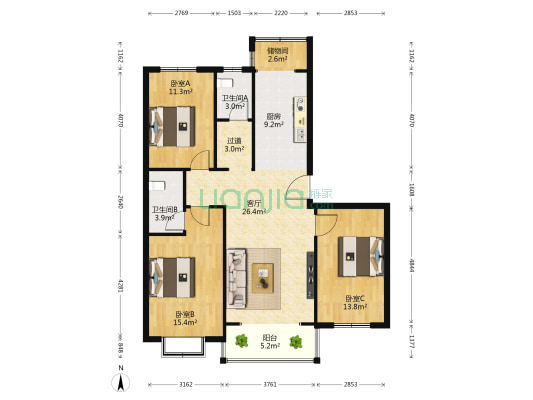 中银燕祥 3室1厅2卫 132平方