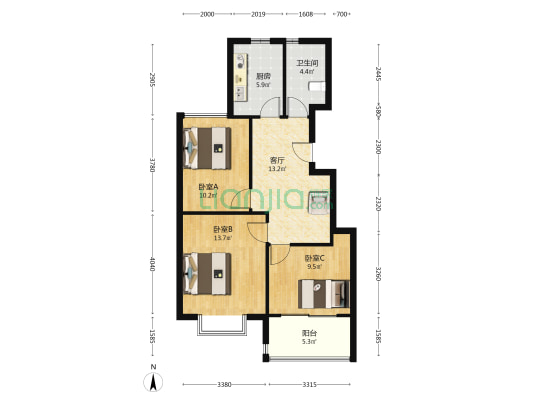 天晖铭园 3室1厅1卫 84平方