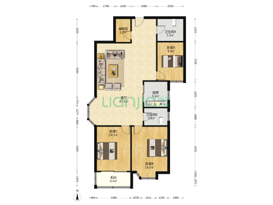 晶晶大厦 3室1厅2卫 141平方