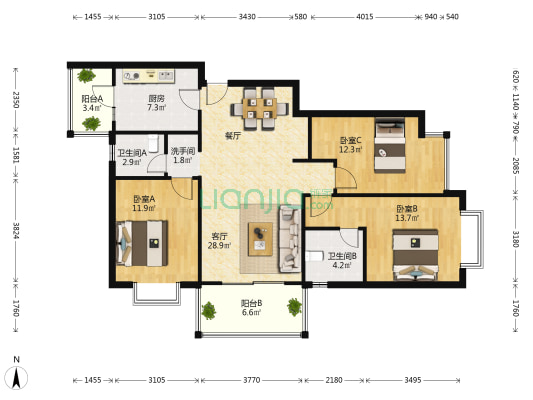 万科翡翠滨江一期 3室1厅3卫 127平方