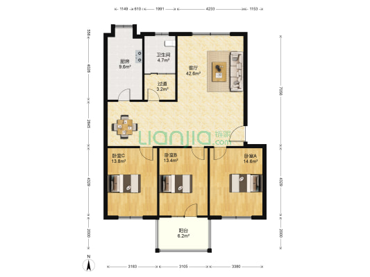 紫菘花园 3室1厅1卫 124平方