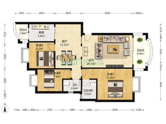 恒生花园 3室2厅2卫 108平方