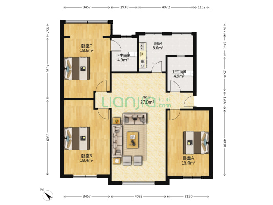 鸿昌苑 3室1厅2卫 124平方