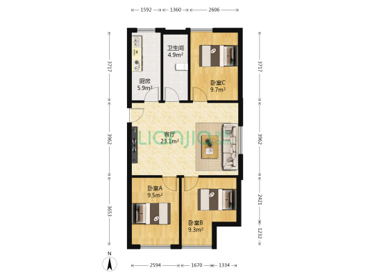 两室朝南一室朝北,南北通透, 整个户型方正