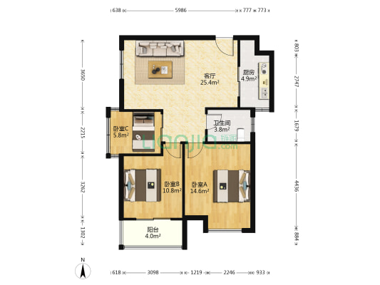 尊邸华庭 3室1厅1卫 88平方