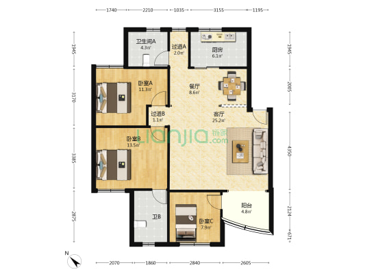 妩景园 3室2厅2卫 113平方
