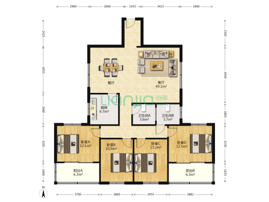 解放西路48号 4室1厅2卫 135平方