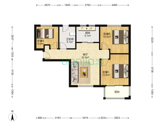中海御景熙岸(公寓) 3室1厅1卫 88平方
