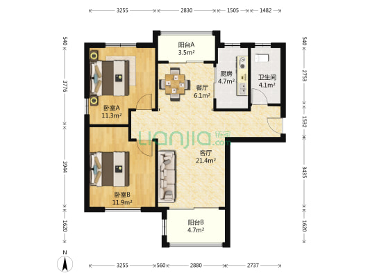 恒大锦苑 2室2厅1卫 107平方