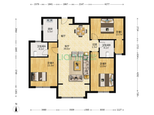 东城逸家逸秀园 3室1厅2卫 134平方