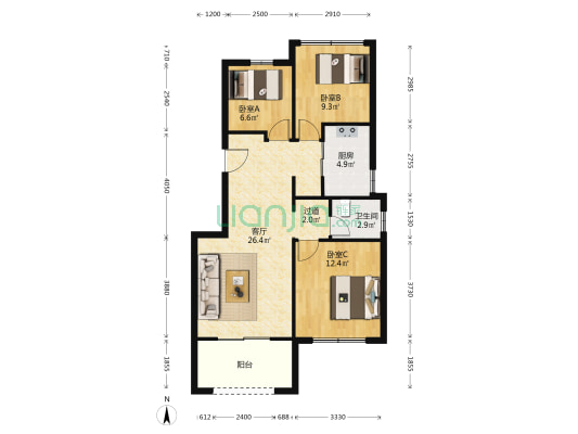 绿地朱家角1号一期 3室1厅1卫 97平方