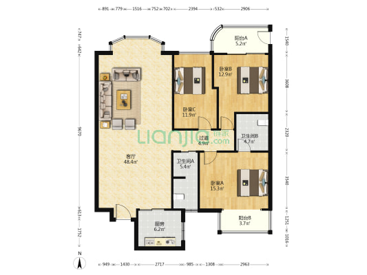 四季阳光花城 3室1厅2卫 139平方