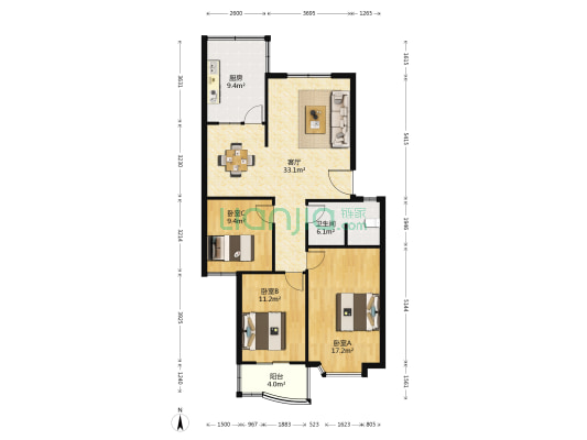 虹景嘉园 3室1厅1卫 103平方