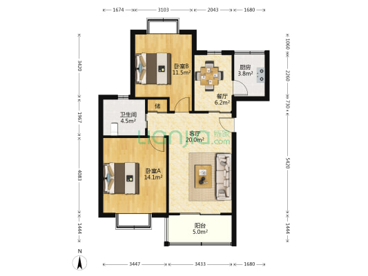 城市庭园 2室2厅1卫 95平方
