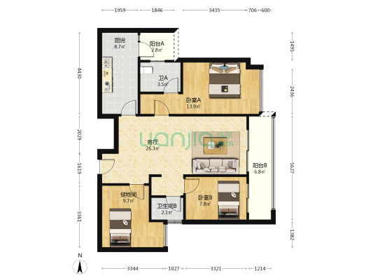 金科南山 2室1厅2卫 103平方