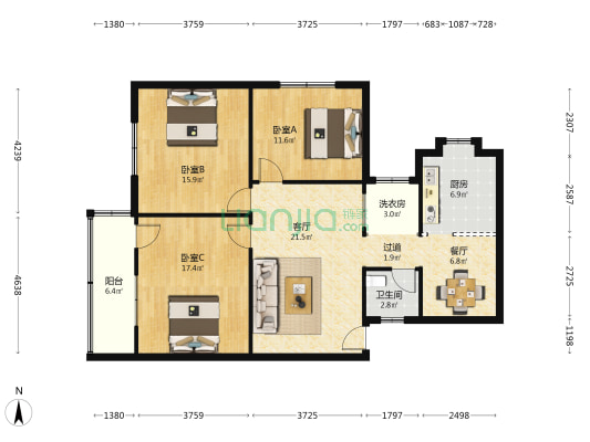 教师村住宅小区 3室2厅1卫 105平方