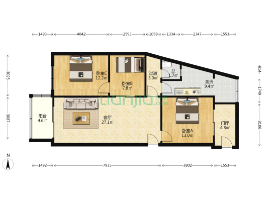 玉林西路80号院 3室1厅1卫 95平方