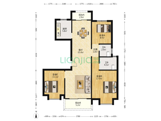 中梁壹号院 3室1厅2卫 125平方