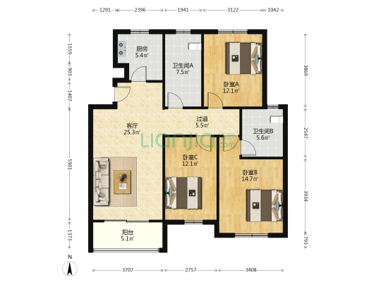 水墨苑 3室1厅2卫 112平方