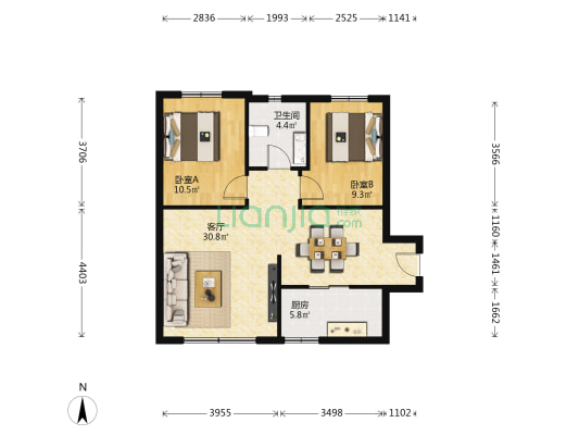 马德里春天90平两室两厅精装修有产证可拎包入住-户型图