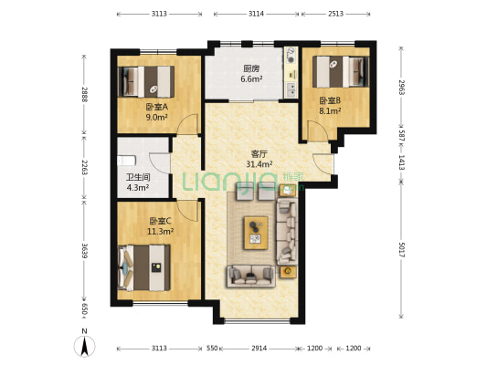 精装修 南北通透三居，户型方正。高楼层，采光好-户型图