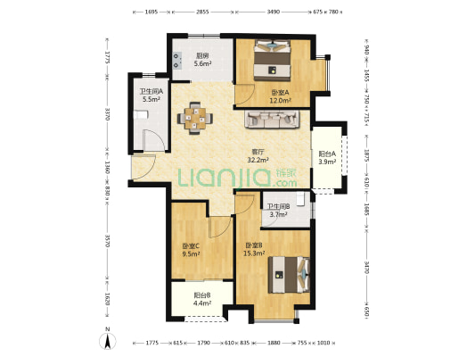 阳光家园 3室1厅2卫 121平方