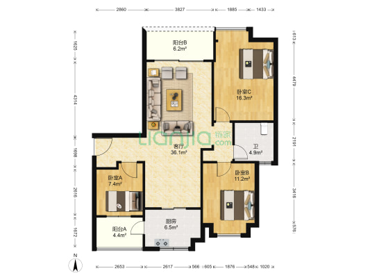 碧桂园城市花园 3室1厅1卫 122平方