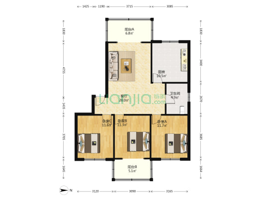 香榭里公交苑 3室1厅1卫 102平方