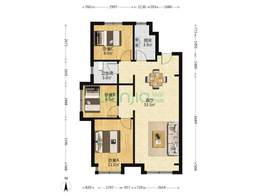 金地城E2区 3室1厅1卫 97平方