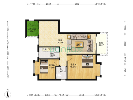 汇博美居广场二期 2室1厅1卫 85平方