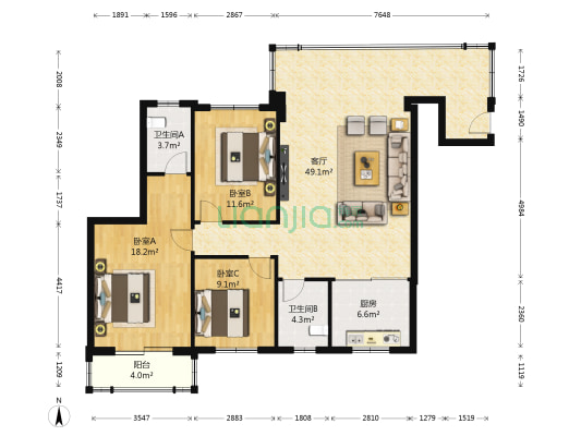 滨海花园 3室1厅2卫 128平方