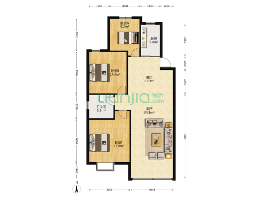 冰溪明珠 3室2厅1卫 114平方