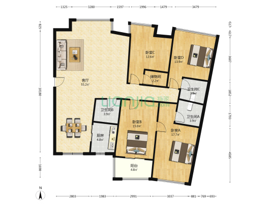 嘉鸿国际公寓 4室1厅3卫 181平方