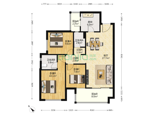 中南上熙府熙悦 3室1厅2卫 107平方