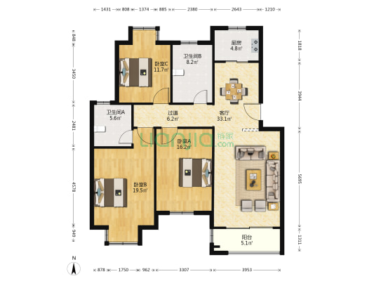 御景园三期 3室1厅2卫 130平方