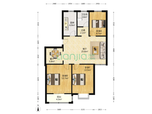 怡景园 3室2厅1卫 107平方