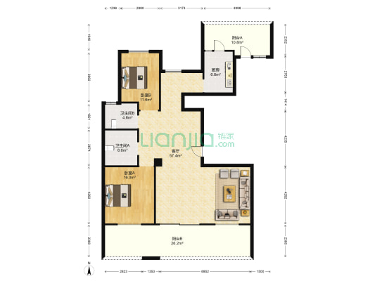 绿地华家池印 2室1厅2卫 240平方