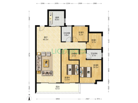 保利天际 4室1厅2卫 140平方