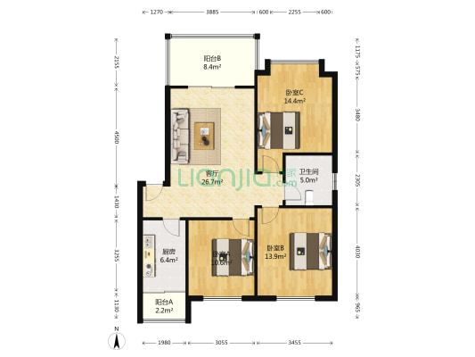 荷塘月色（红光） 3室1厅1卫 97平方